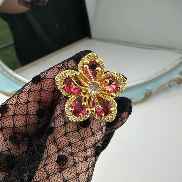 Anthropologie Blossom Gold Pink Floral Crystal Stainless Steel Adjustable Ring - Picture 7 of 17